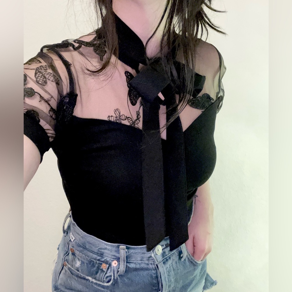 Vintage inspired Black Top with Lace Sleeves and Necktie